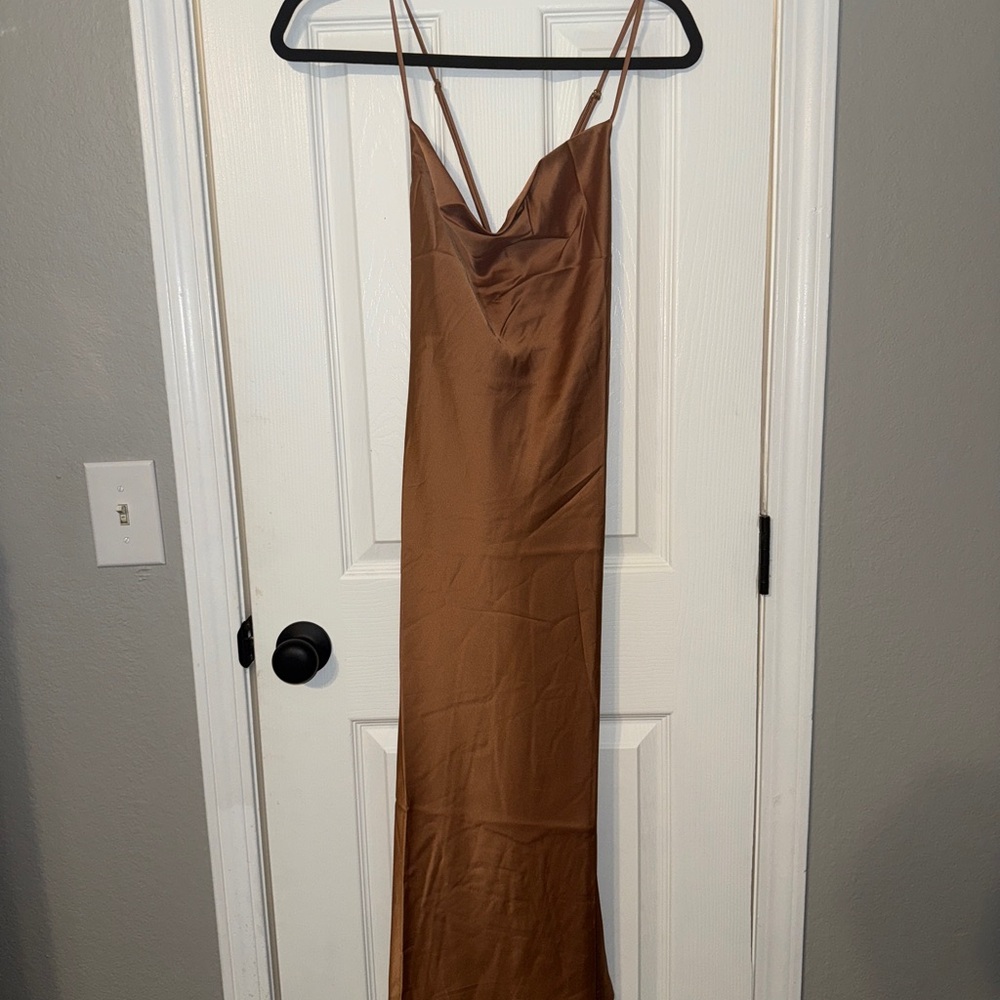 NWT Show Me Your MuMu Satin Midi Dress in Tan - Picture 2 of 8